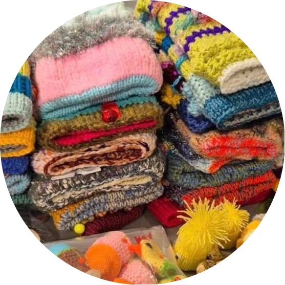 Twiddle muffs and Easter gifts handmade by Swindon Big Knit for vulnerable and elderly people in the community